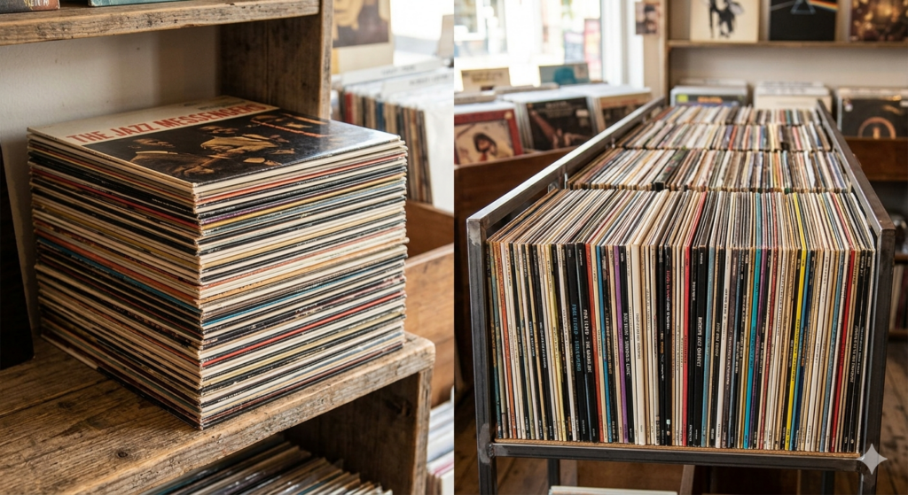 A side-by-side comparison of two vinyl collections. One of them has the records stacked on top of one another, while another has them assorted side-by-side