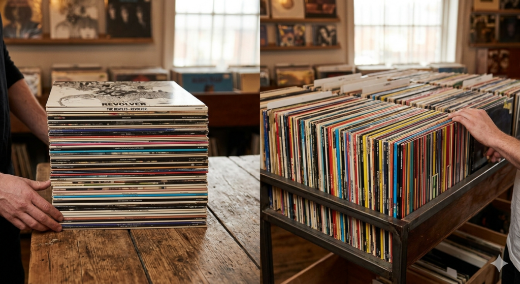 A showcase of different ways to store vinyl, stacked on top of one another on the left side, and assorted vertically on the right.
