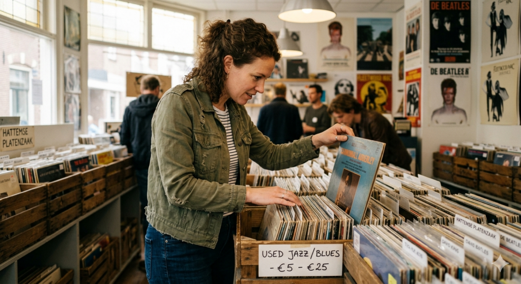 A person browsing through an assortment of used vinyl records