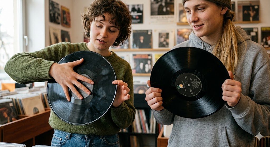 A person showing another person how to properly hold a vinyl record